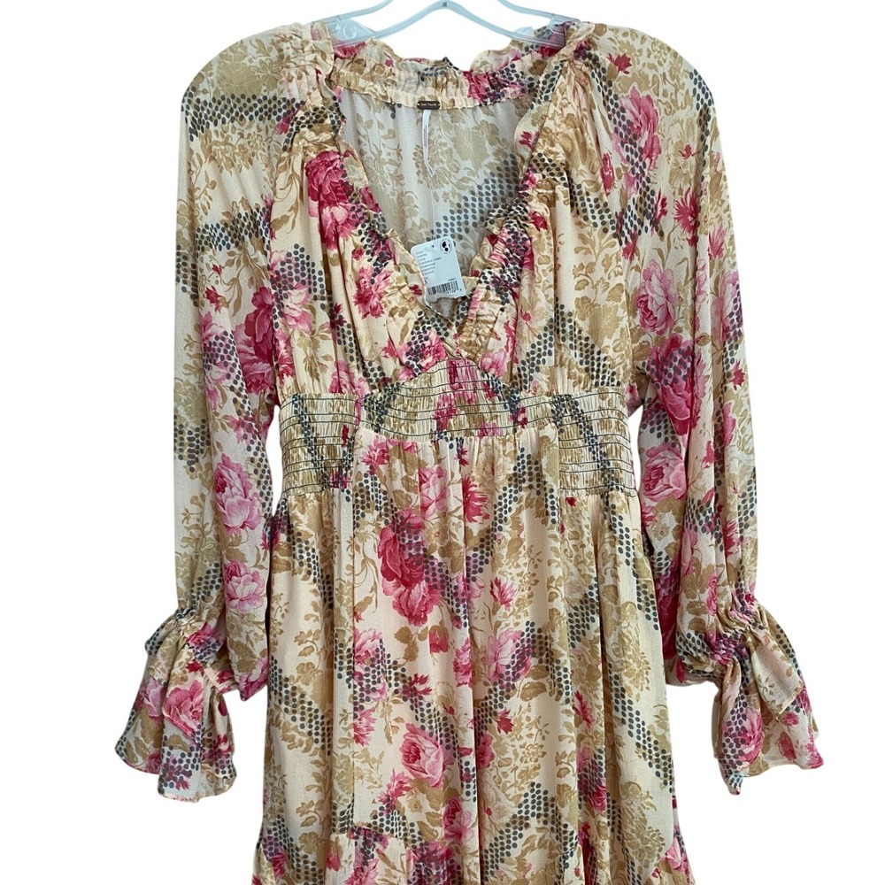 Free People Floral Maxi Dress Natural Combo V-Neck Smocked Waist Small OB2097030 - Picture 9 of 15
